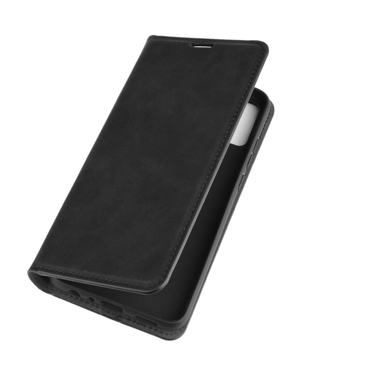 Black leather wallet phone case with magnetic flap closed over the phone
