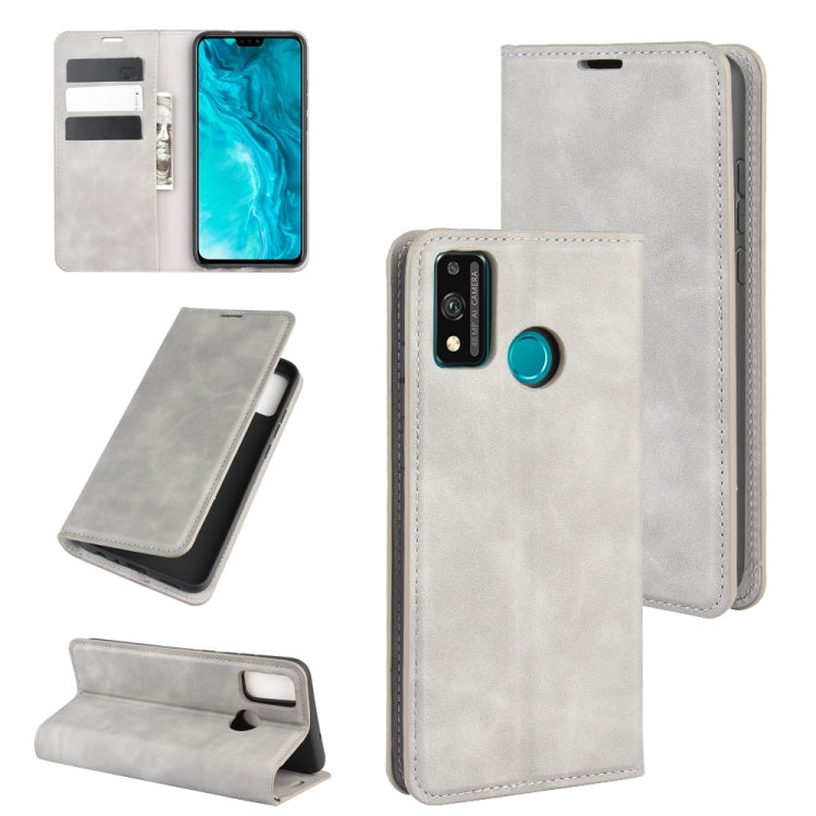 Grey magnetic leather wallet phone case with card slots and kickstand