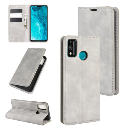 Grey magnetic leather wallet phone case with card slots and kickstand