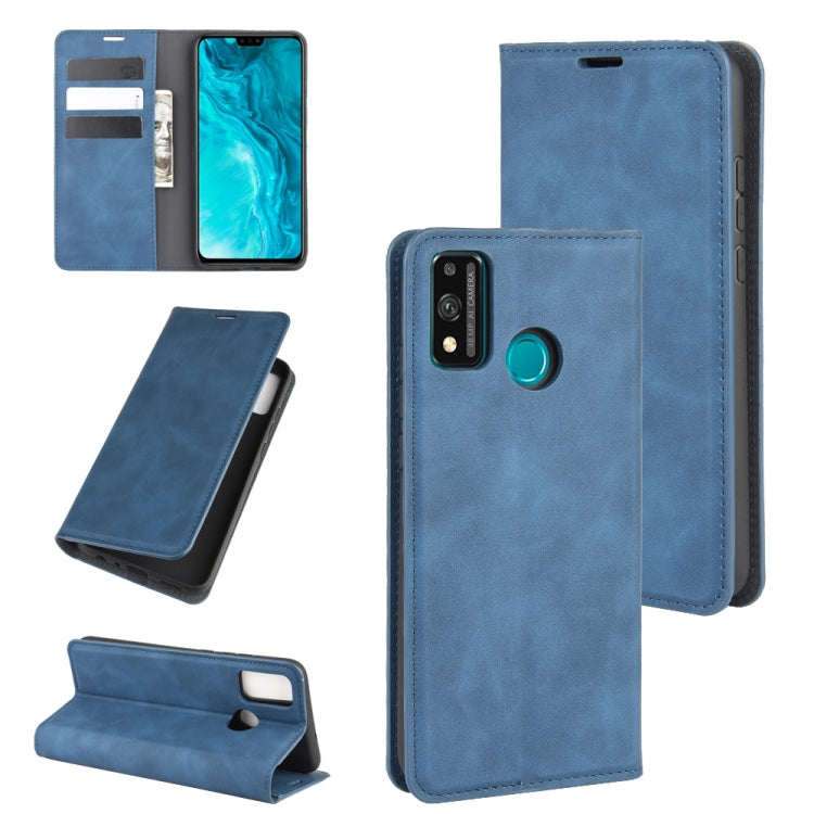 Blue magnetic leather wallet phone case with card slots and kickstand