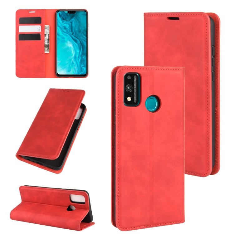 Red magnetic leather wallet phone case with card slots and kickstand