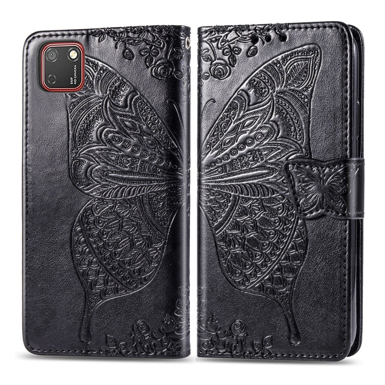 Black embossed butterfly leather flip case with card slot, wallet cover, and secure side strap