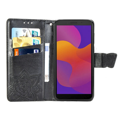 Black embossed butterfly leather flip case with open card holder and built-in phone stand