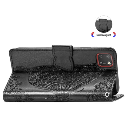 Black embossed butterfly leather flip case with camera cutout and dual-magnet closure