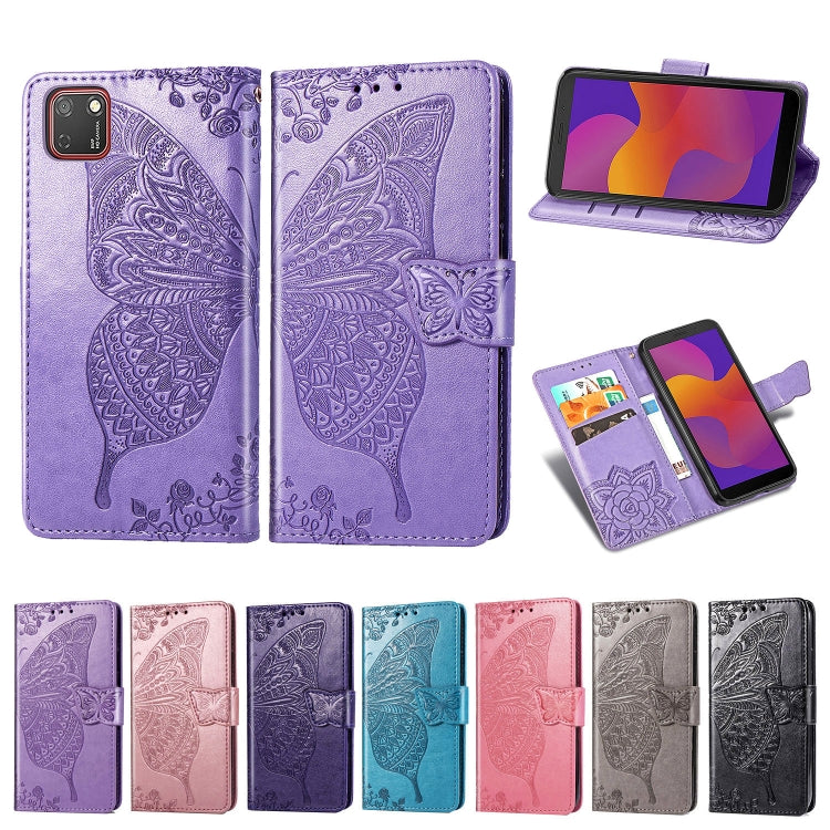 Purple embossed butterfly leather flip case set, including open wallet and viewing angles
