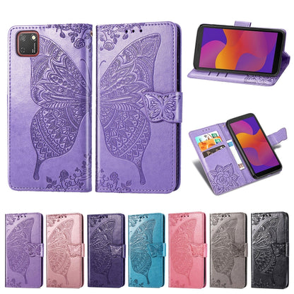 Purple embossed butterfly leather flip case set, including open wallet and viewing angles
