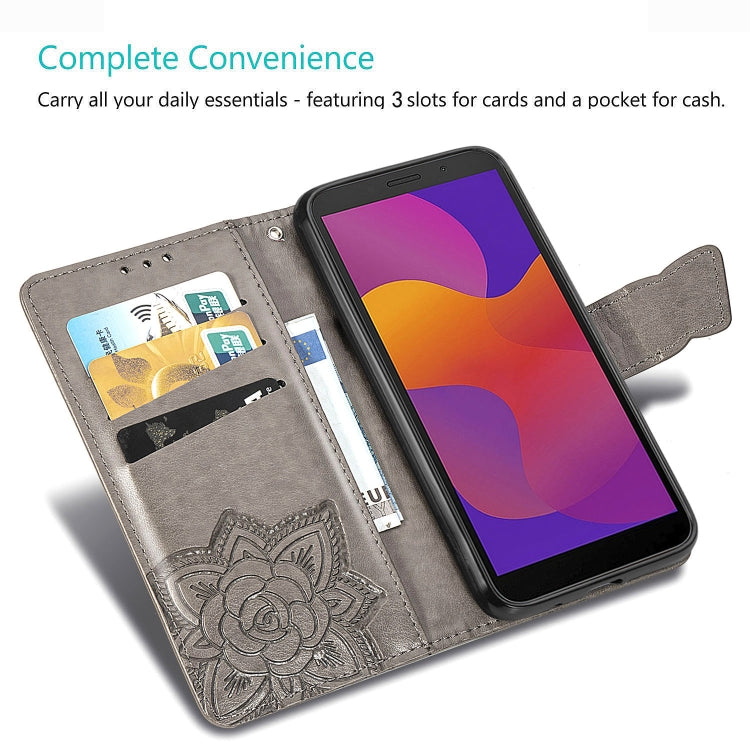 Gray embossed butterfly leather flip case with card slots and cash pocket