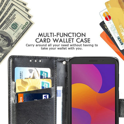 Black embossed butterfly leather flip case showing card wallet section and phone display window