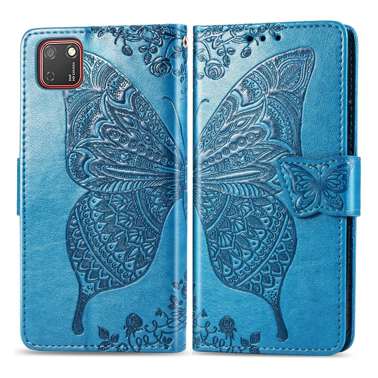 Blue embossed butterfly flip wallet case for Huawei Y5P with strap closure