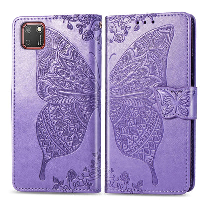 Light purple embossed butterfly flip wallet case for Huawei Y5P with strap closure