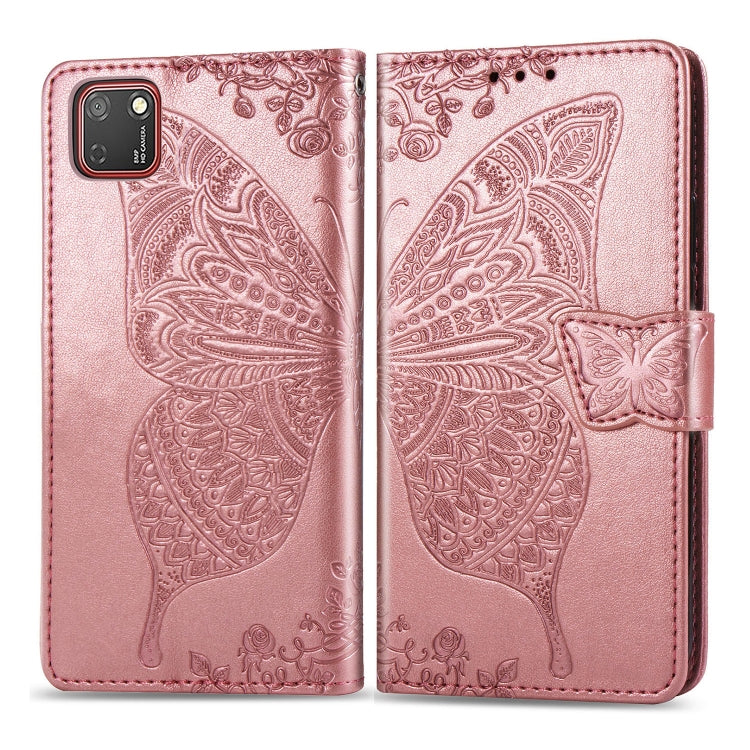 Rose pink embossed butterfly flip wallet case for Huawei Y5P with strap closure