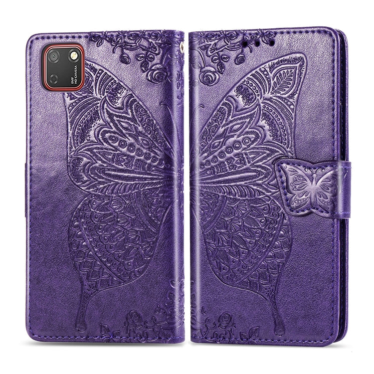 Dark purple embossed butterfly flip wallet case for Huawei Y5P with strap closure