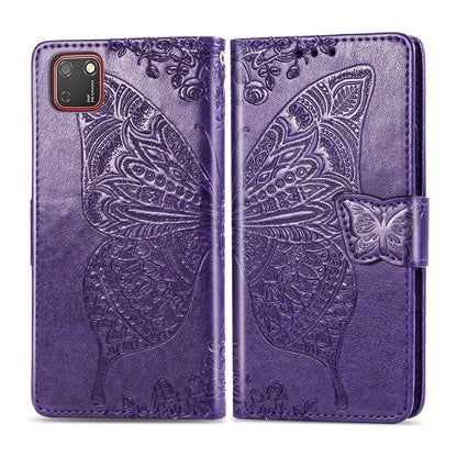 Dark purple embossed butterfly flip wallet case for Huawei Y5P with strap closure