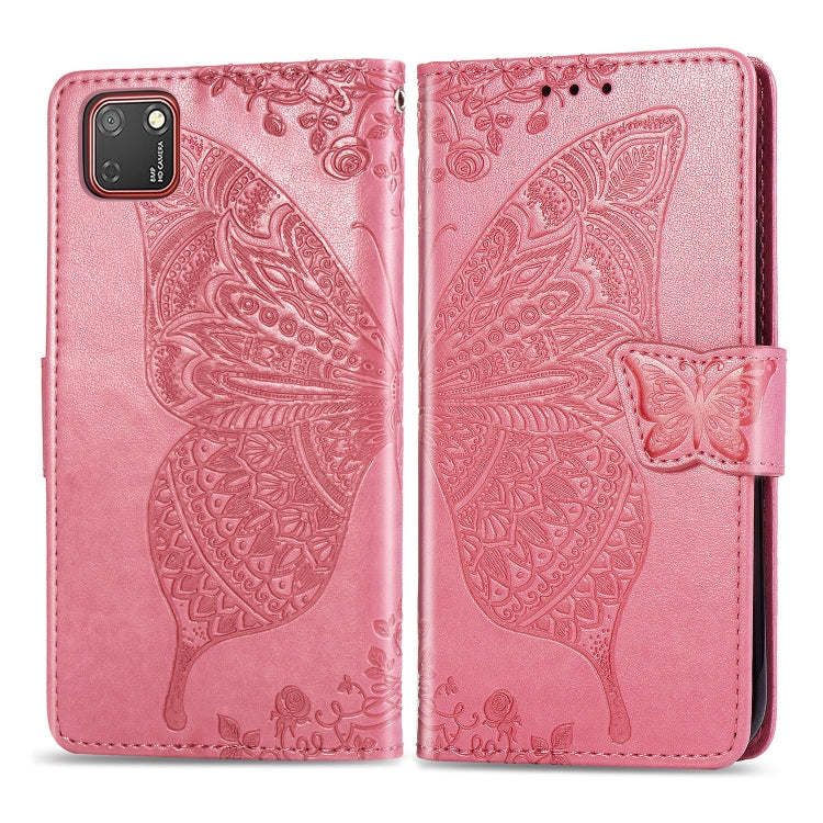 Pink embossed butterfly flip wallet case for Huawei Y5P with strap closure