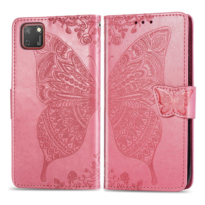 Pink embossed butterfly flip wallet case for Huawei Y5P with strap closure