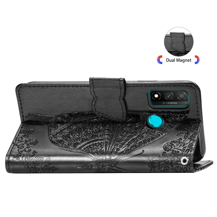 Black embossed flip phone wallet case with camera cutout, teal button, and strap loop