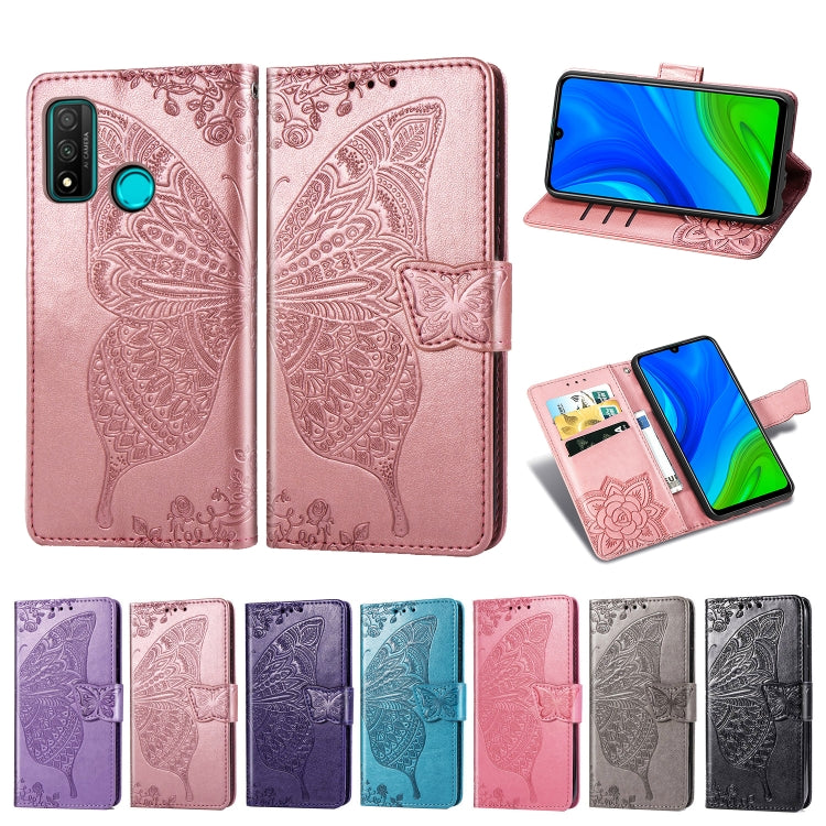 Embossed butterfly flip phone wallet case in rose pink with card holder and flap