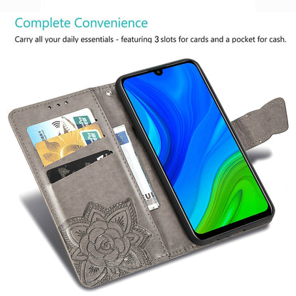 Gray embossed flip phone wallet case with card slots and cash pocket, phone facing forward