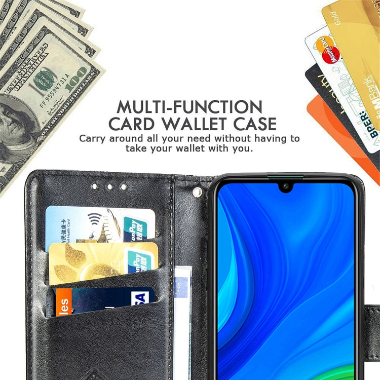 Black embossed card wallet flip phone case with card slots and phone on display