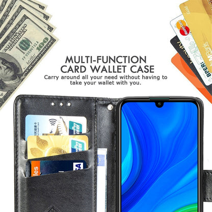 Black embossed card wallet flip phone case with card slots and phone on display