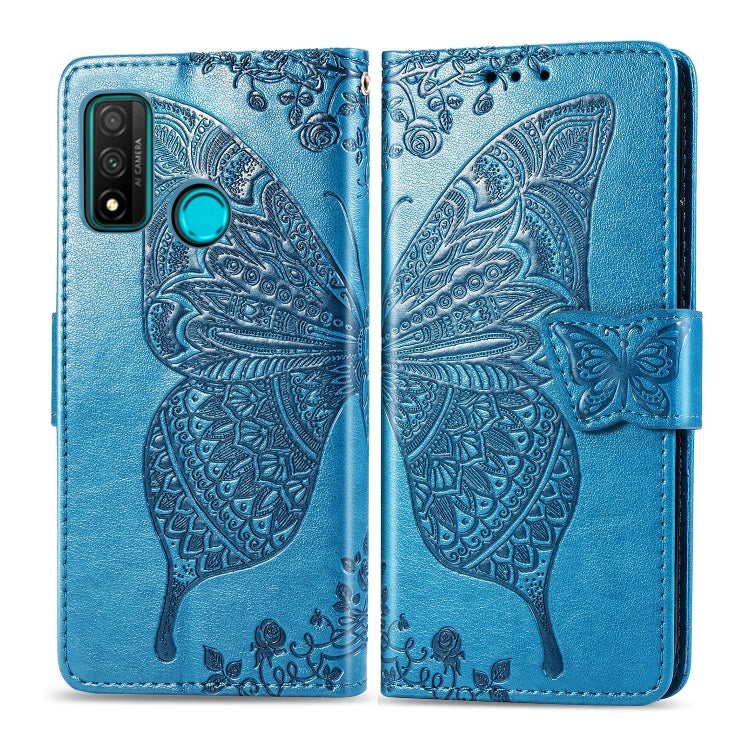 Blue embossed butterfly floral flip leather case for phone, with side button strap