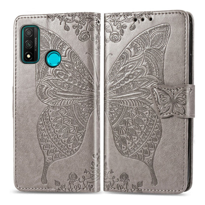 Silver gray embossed butterfly floral flip leather case for phone, with side strap