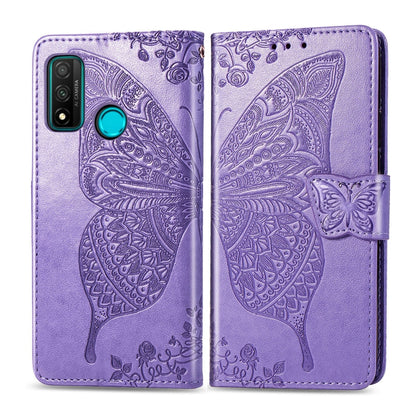 Light purple embossed butterfly floral flip leather case for phone, with side strap