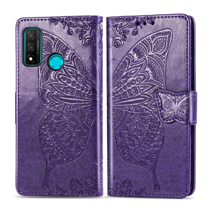 Dark purple embossed butterfly floral flip leather case for phone, with side strap