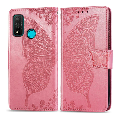 Pink embossed butterfly floral flip leather case for phone, with side strap