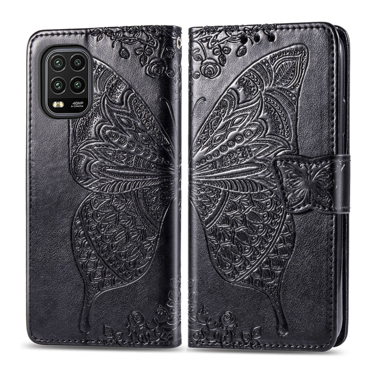 Black embossed butterfly flip leather phone case with snap closure and cutout for camera