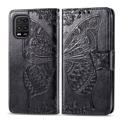 Black embossed butterfly flip leather phone case with snap closure and cutout for camera
