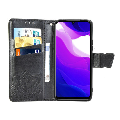 Black flip wallet phone case with card slots and butterfly embossed cover