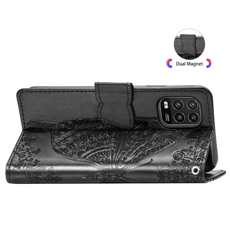 Black embossed butterfly leather phone case with camera cutout and magnetic closure