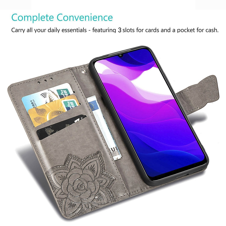 Gray embossed butterfly flip phone case with card slots and cash pocket