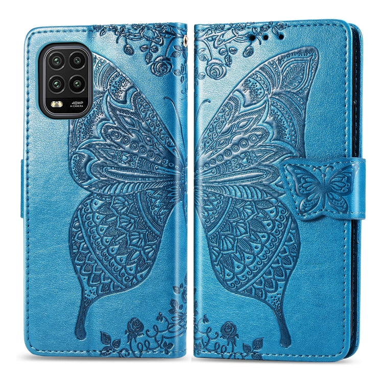 Blue butterfly-embossed flip wallet phone case with magnetic strap and card slots