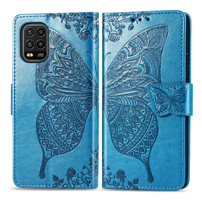 Blue butterfly-embossed flip wallet phone case with magnetic strap and card slots