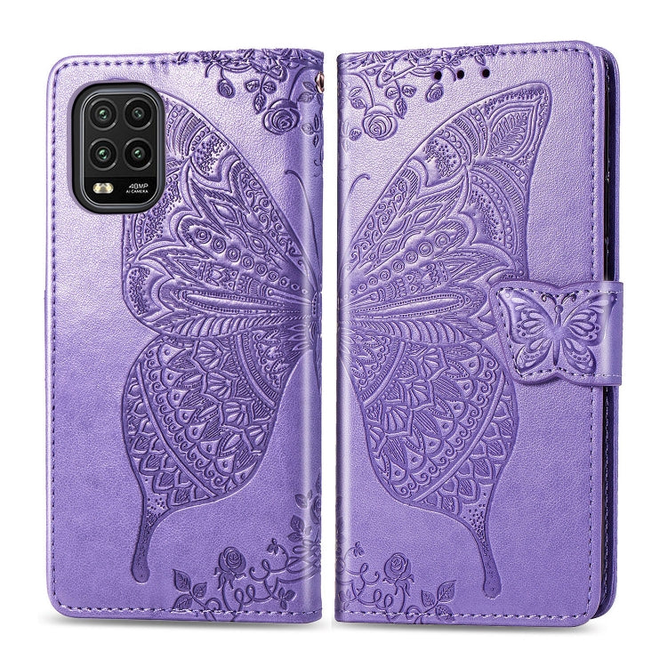 Light purple butterfly-embossed flip wallet phone case with magnetic strap and card slots
