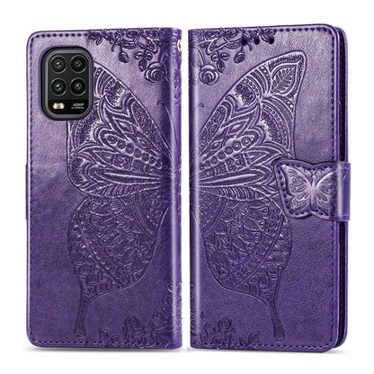 Dark purple butterfly-embossed flip wallet phone case with magnetic strap and card slots