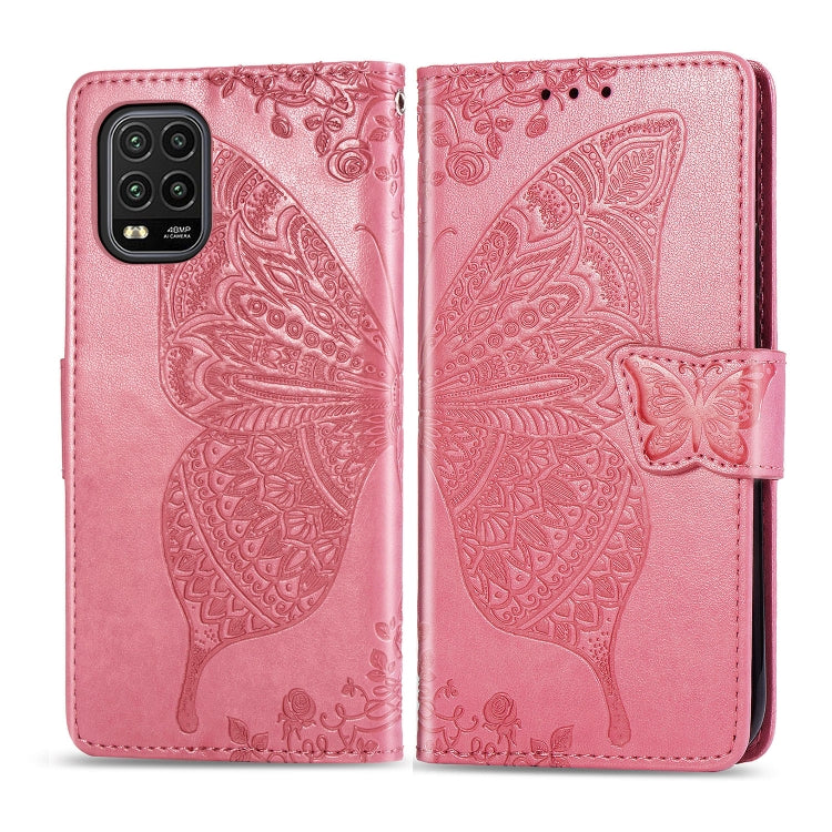 Pink butterfly-embossed flip wallet phone case with magnetic strap and card slots