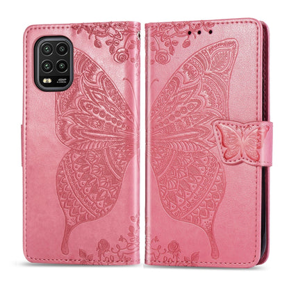 Pink butterfly-embossed flip wallet phone case with magnetic strap and card slots