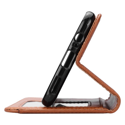Brown leather horizontal flip phone case with side cutouts and wrist strap