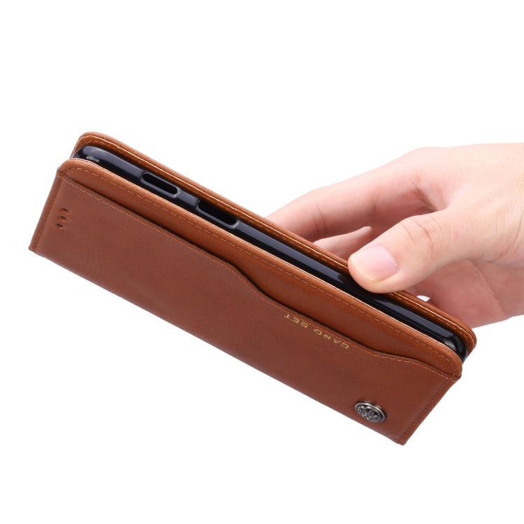 Brown leather horizontal flip wallet case with magnetic snap and card holder panel