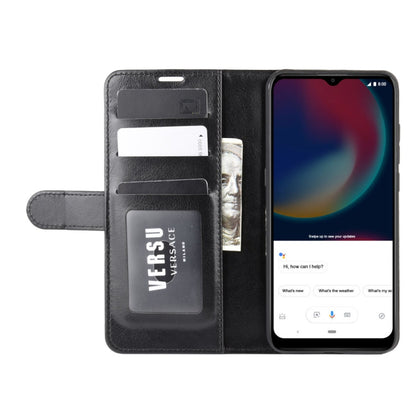 Black folio flip phone case open with card slots, phone screen visible inside