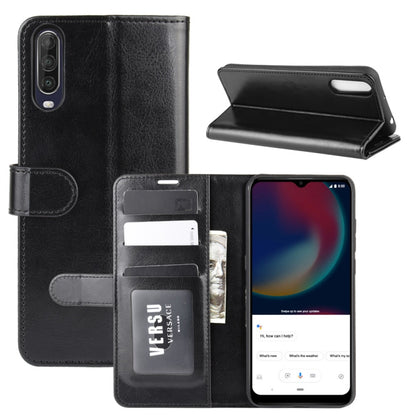 Black folio wallet flip phone case open with card holder and phone screen visible