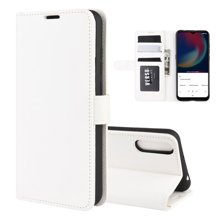 White leather-style flip phone case with card slots and stand holder.