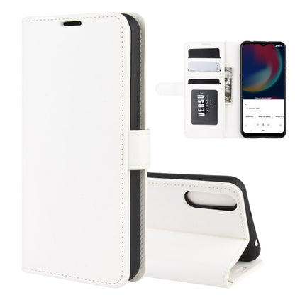 White leather-style flip phone case with card slots and stand holder.