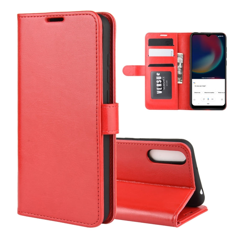 Red leather-style flip phone case with card slots and phone viewing stand.