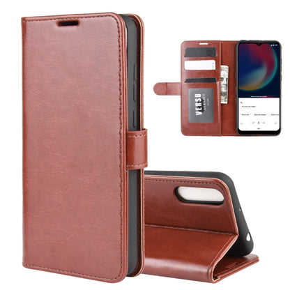 Tan/brown leather-style flip phone case with card slots and side viewing stand.