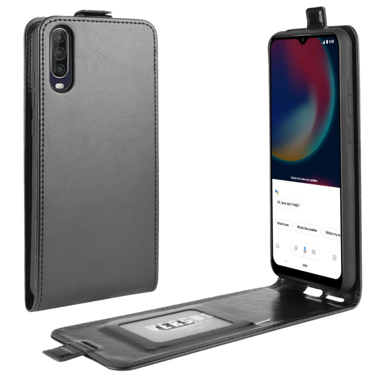 Dark gray leather flip phone case with card slots and photo window