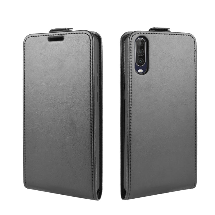Dark gray leather flip phone case, front and back view with cutouts